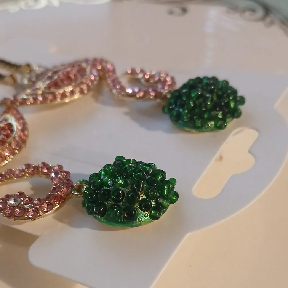 Rhinestone Extra Long Flamingo Earrings with Green and Pink Accents - Picture 6 of 7